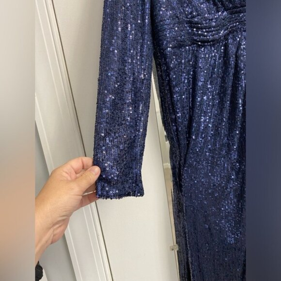 Mac Duggal 26490 Size 14 Midnight Blue Sequined Long Sleeve V-Neck Gown NWT - Picture 3 of 16
